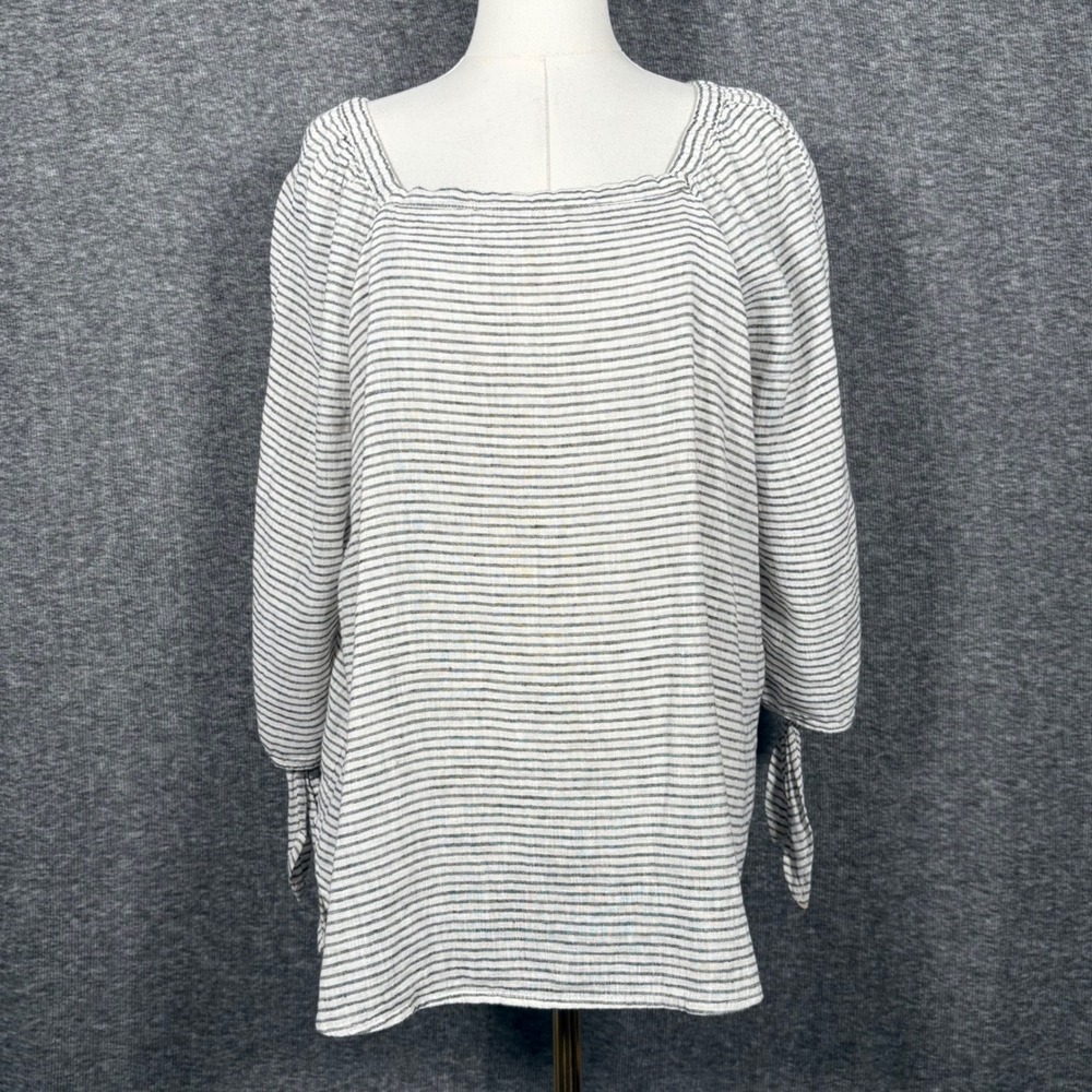 Liz Claiborne Petite Striped Linen Blend Square Neck Tie Sleeve Blouse PL